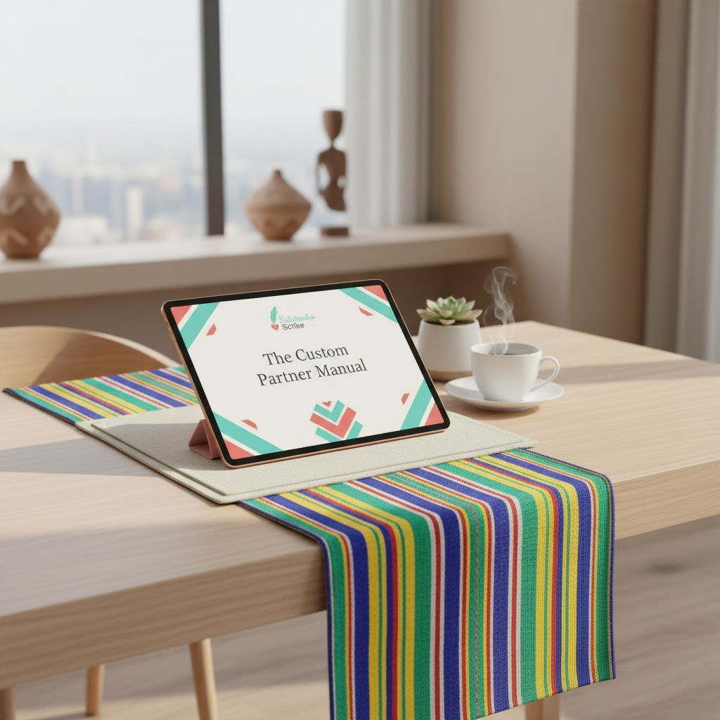 Tablet displaying 'The Custom Partner Manual' on a desk with a cup of coffee and plant in the background
